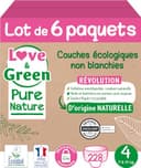 Love & Green Pure Nature pakket van 6 stuks (32 per stuk = 192) Ongebleekte milieuvriendelijke luiers T1 x 32 (2-5 kg)